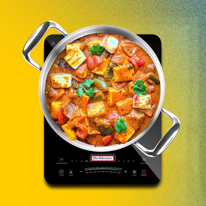 FLIXBLOOM فلكس بلوم طقم مطبخ ثلاثي الطبقات (فولاذ مقاوم للصدأ + ألومنيوم + دمج فولاذ) قاعدة تحريض/صديقة للغاز العميقة لطهي/تقديم وقلي (قدر مع غطاء، 1 لتر) - Image 2