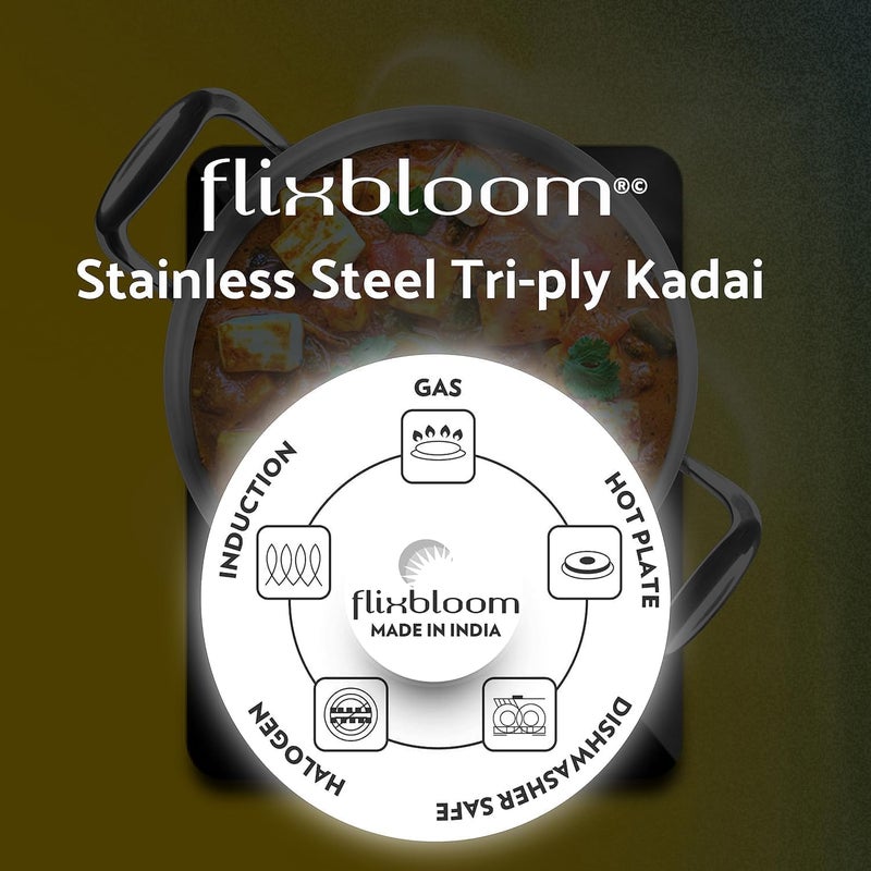 FLIXBLOOM فلكس بلوم طقم مطبخ ثلاثي الطبقات (فولاذ مقاوم للصدأ + ألومنيوم + دمج فولاذ) قاعدة تحريض/صديقة للغاز العميقة لطهي/تقديم وقلي (قدر مع غطاء، 1 لتر) - Image 5