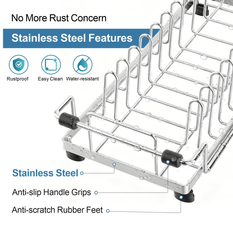 GSlife Small Dish Drying Rack for Counter or Over Sink, Stainless Steel Expandable Dish Drainer with Drain Board and 360Â° Swivel Drain Spout, Compact for RV, Camper, 1-2 People, Narrow 6.5" W, Silver - Image 2