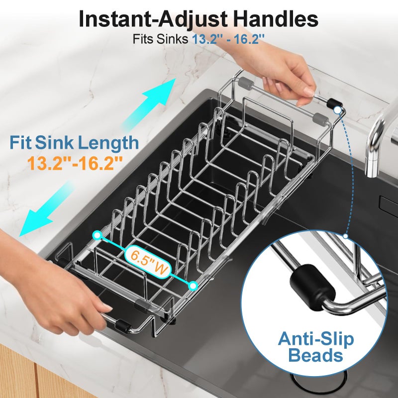 GSlife Small Dish Drying Rack for Counter or Over Sink, Stainless Steel Expandable Dish Drainer with Drain Board and 360Â° Swivel Drain Spout, Compact for RV, Camper, 1-2 People, Narrow 6.5" W, Silver - Image 3