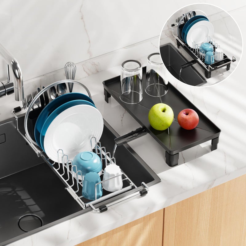 GSlife Small Dish Drying Rack for Counter or Over Sink, Stainless Steel Expandable Dish Drainer with Drain Board and 360Â° Swivel Drain Spout, Compact for RV, Camper, 1-2 People, Narrow 6.5" W, Silver - Image 1