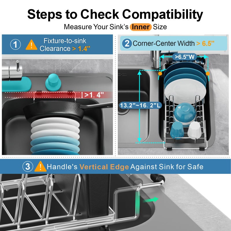 GSlife Small Dish Drying Rack for Counter or Over Sink, Stainless Steel Expandable Dish Drainer with Drain Board and 360Â° Swivel Drain Spout, Compact for RV, Camper, 1-2 People, Narrow 6.5" W, Silver - Image 4