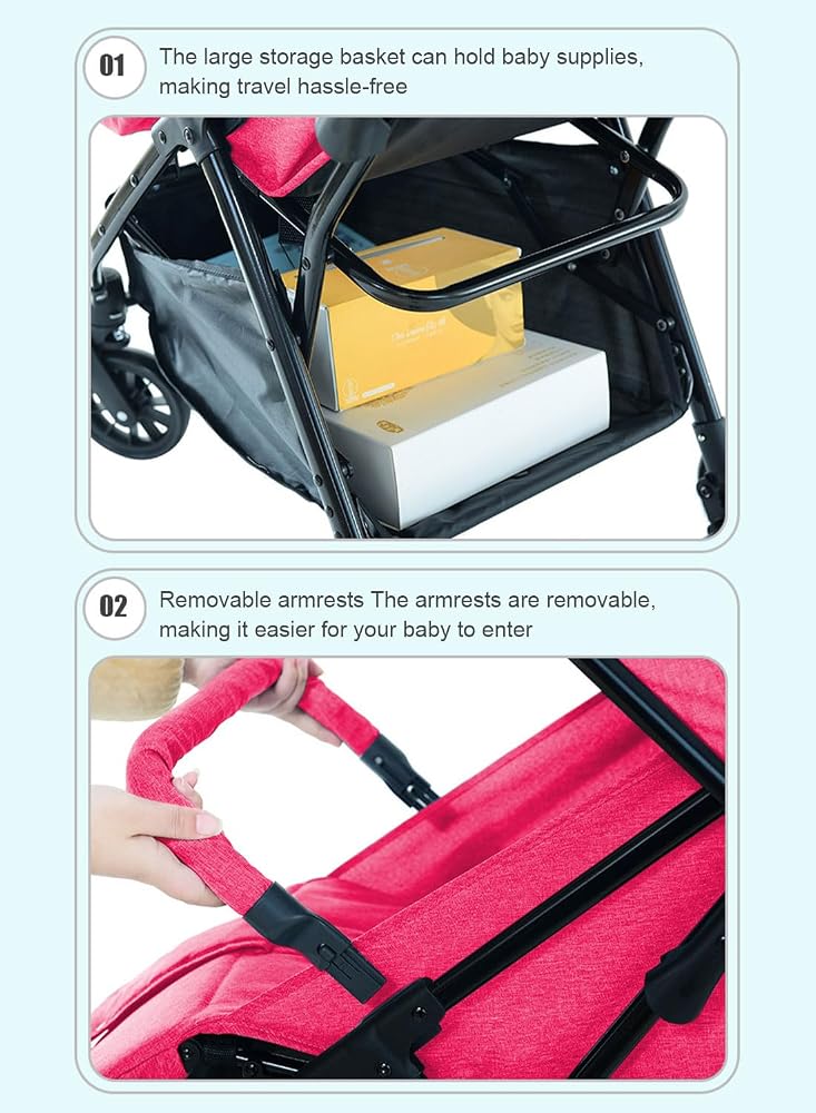 Sharpdo Auto Baby Stroller, Can Sit And Lie, Lightweight Single Stroller, Foldable And Portable Pram WIth Big Storage Basket, Travel Stroller For Newborn-Pink - Image 4