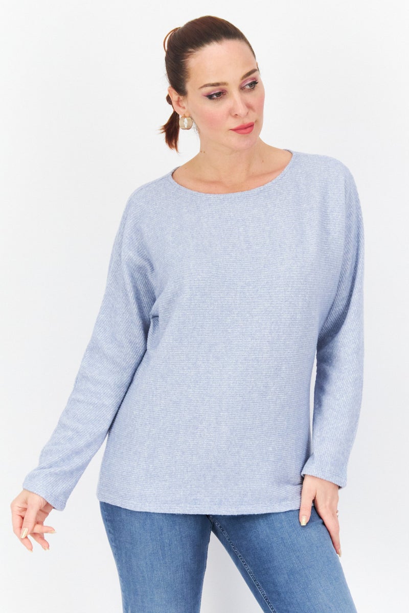 Zero Women Round Neck Long Sleeve Knitted Sweater, Light Blue - Image 1