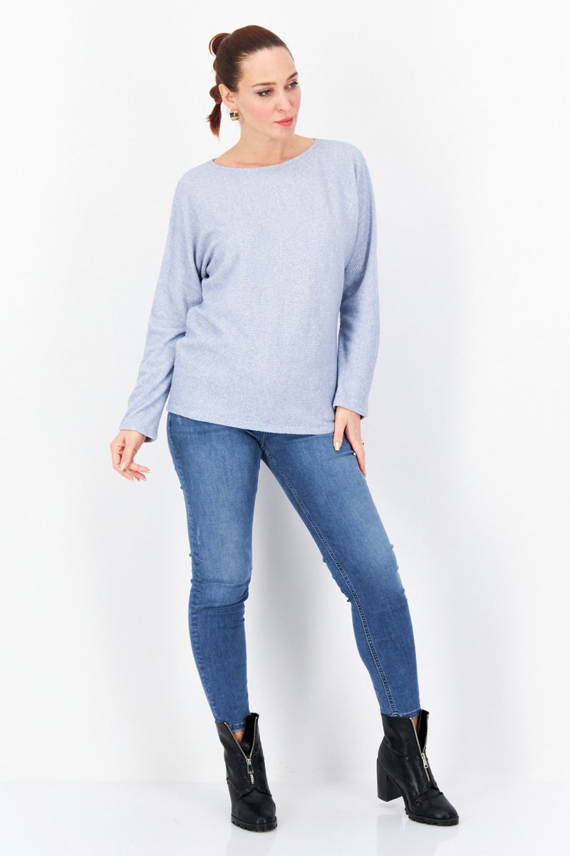 Zero Women Round Neck Long Sleeve Knitted Sweater, Light Blue - Image 4