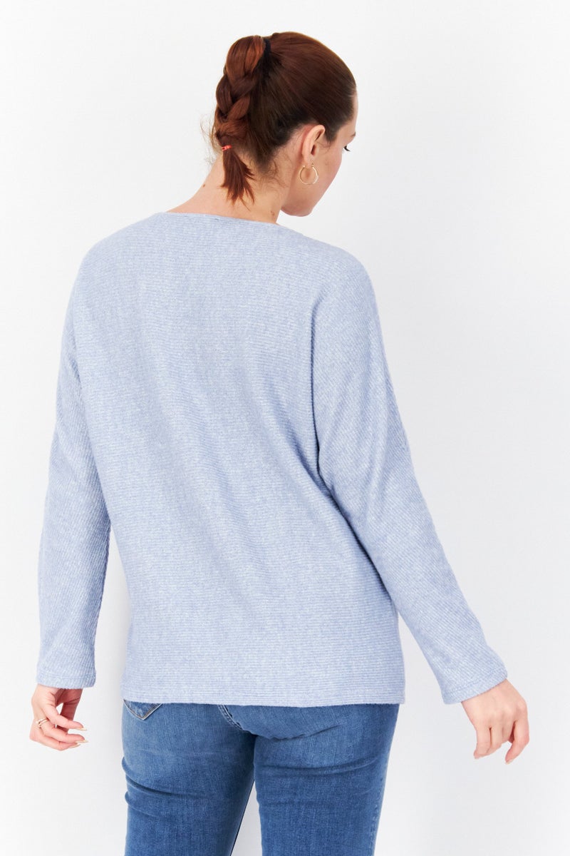 Zero Women Round Neck Long Sleeve Knitted Sweater, Light Blue - Image 2