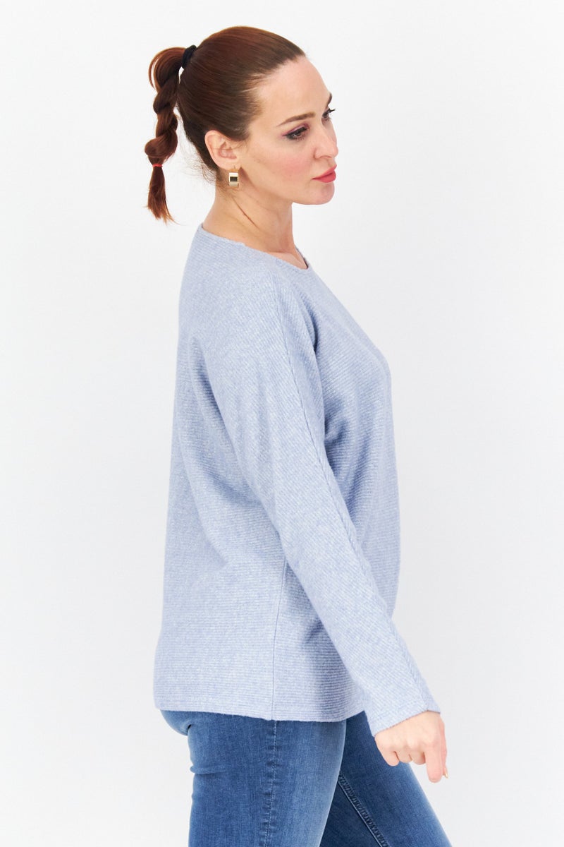 Zero Women Round Neck Long Sleeve Knitted Sweater, Light Blue - Image 3