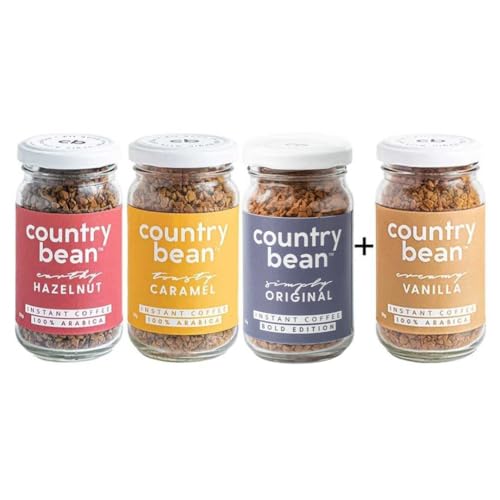 Country Bean Instant Coffee Powder With Hazelnut, Caramel, Vanilla And Original Flavors, Glass Bottle 50 Gm Each - Combo Pack 4 - Image 1