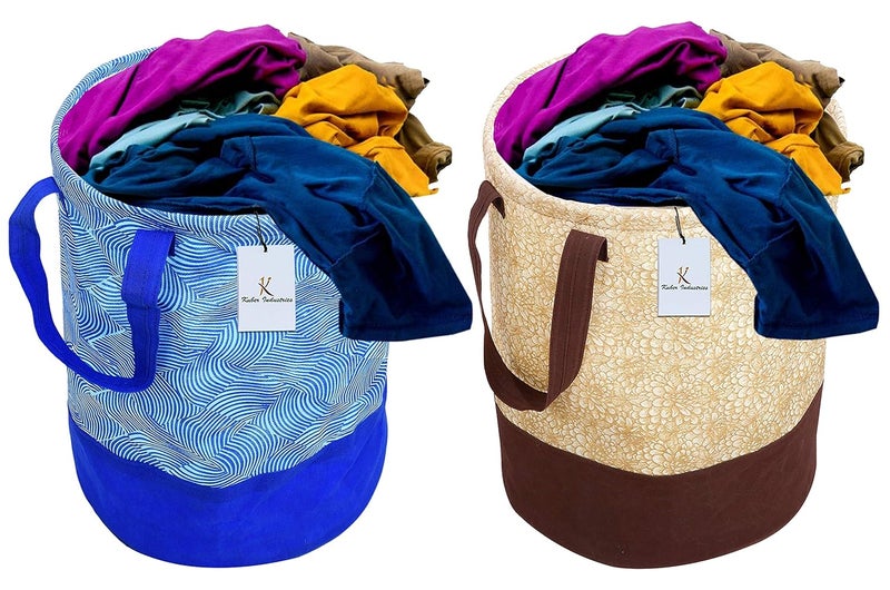 Kuber Industries Printed 2 Pieces Waterproof Canvas Laundry Bag, Toy Storage, Laundry Basket Organizer 45 L (Brown & Blue) CTKTC034635 - Image 1