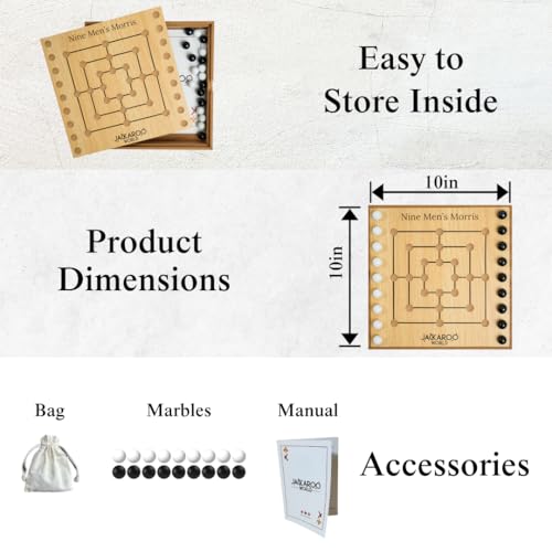 Jackaroo World Nine Mens Morris Board Game, Marble Strategy Game, Solid Wooden Game Set with 18 Marbles, 2 Player Board Games, Ancient Games, Nine Mens Morris Game Mill, Classic Games for Adults (Oak) - Image 3
