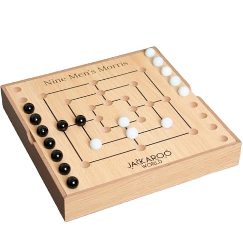 Jackaroo World Nine Mens Morris Board Game, Marble Strategy Game, Solid Wooden Game Set with 18 Marbles, 2 Player Board Games, Ancient Games, Nine Mens Morris Game Mill, Classic Games for Adults (Oak) - Image 1