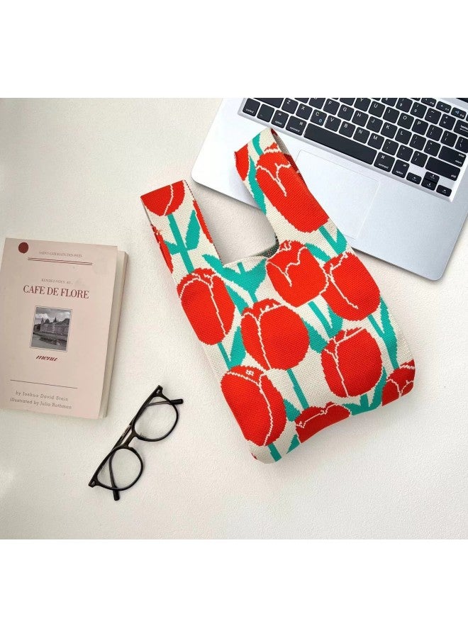 Tulip Flower Knitted Large Capacity Bag Decorative Gift Bag Women's Teacher's Day Women's Day Gift Knitted Bag-Color:Tulip Red-Size:20*36 - Image 1