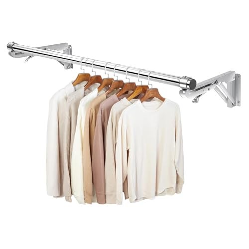 TBMLC Foldable Wall Mounted Clothes Rack-30'' Long Rod&2 Thick Bases,Stainless Steel,Multi-Purpose for Space-Saving Garment Rack/Clothes Drying Rack/Clothes Hanger,Detachable and Top Shelf Room Reserved - Image 1