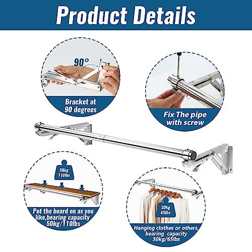 TBMLC Foldable Wall Mounted Clothes Rack-30'' Long Rod&2 Thick Bases,Stainless Steel,Multi-Purpose for Space-Saving Garment Rack/Clothes Drying Rack/Clothes Hanger,Detachable and Top Shelf Room Reserved - Image 4