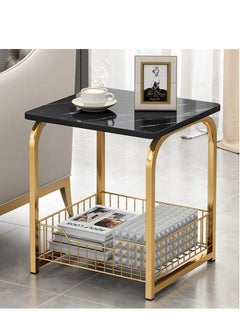 Modern End Table with Storage Basket Sofa Side Table with Marble Design Easy to Assemble