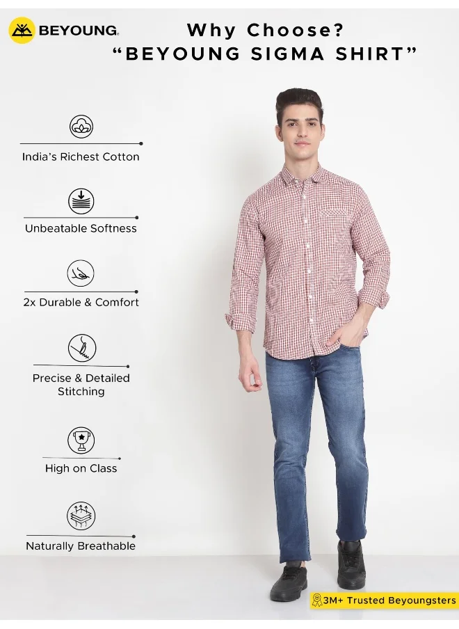 Beyoung Long Sleeve Red Mini Checked Shirts for Men