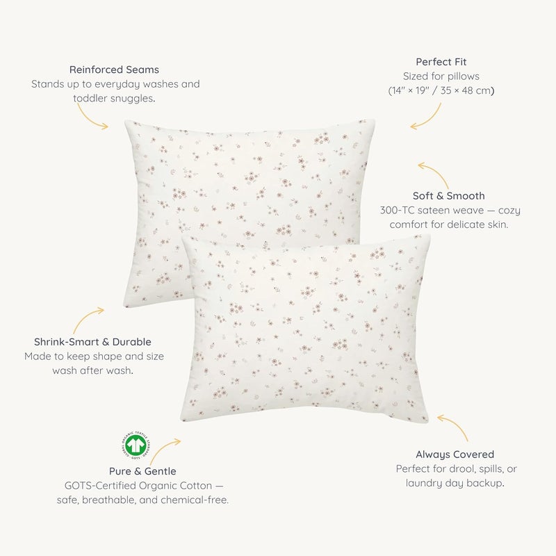 MakeMake Organics Organic Toddler Pillowcase (Set of 2) GOTS Certified Organic Cotton Pillowcase - Ultra Soft Breathable Fits 13x18 Boys Girls Neutral Unisex (14"x19", Bloom) - Image 2