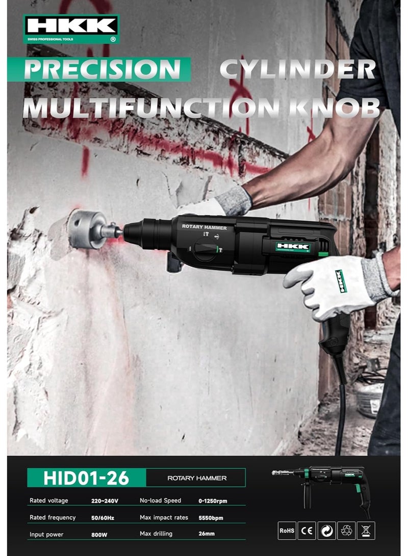 HKK مثقاب مطرقي 800 واط، SDS، 26 مم، 5550 ضربة في الدقيقة، 1250 دورة في الدقيقة، 3 أوضاع (ثقب/مطرقة/إزميل)، محرك نحاسي كامل، خرسانة، بناء وخشب – أداة كهربائية احترافية - Image 4
