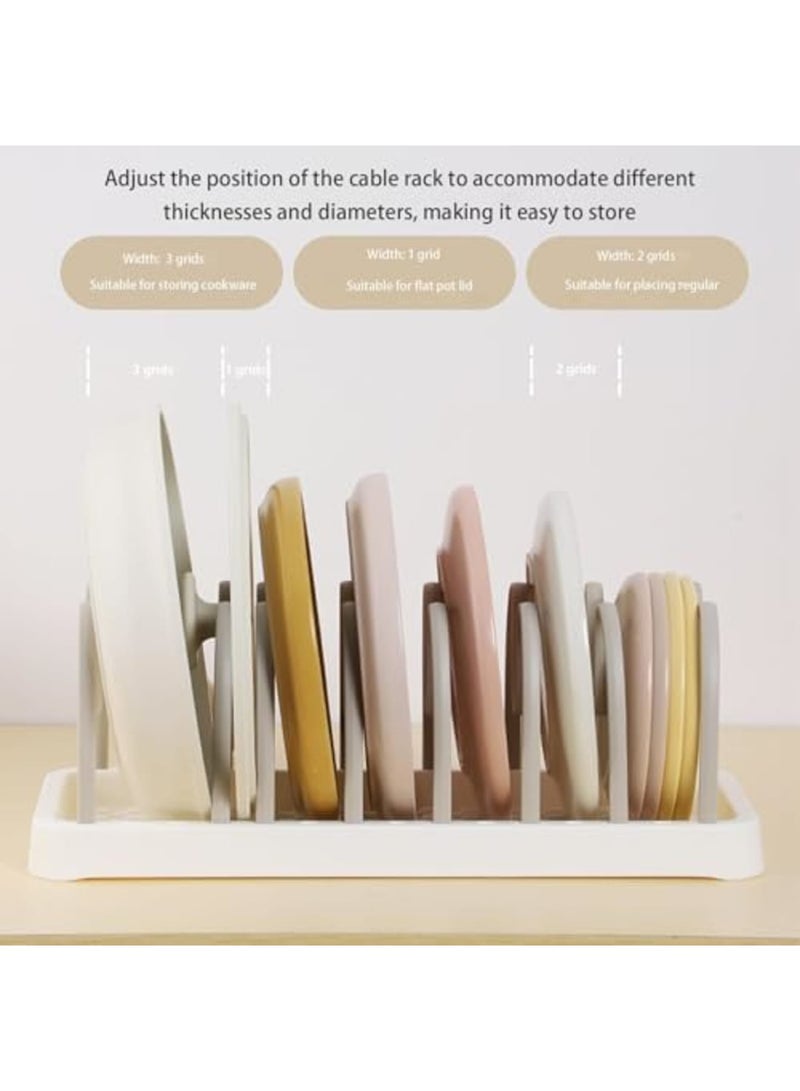 SYOSI Pot and Pan Organizer with 8 Adjustable Compartments - Expandable Cookware & Bakeware Rack for Cabinet/Drawer Storage, Lid Holder for Cutting Boards, Dishes & Baking Sheets (Khaki Gray) - Image 2