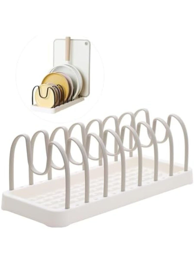 SYOSI Pot and Pan Organizer with 8 Adjustable Compartments - Expandable Cookware & Bakeware Rack for Cabinet/Drawer Storage, Lid Holder for Cutting Boards, Dishes & Baking Sheets (Khaki Gray) - Image 1