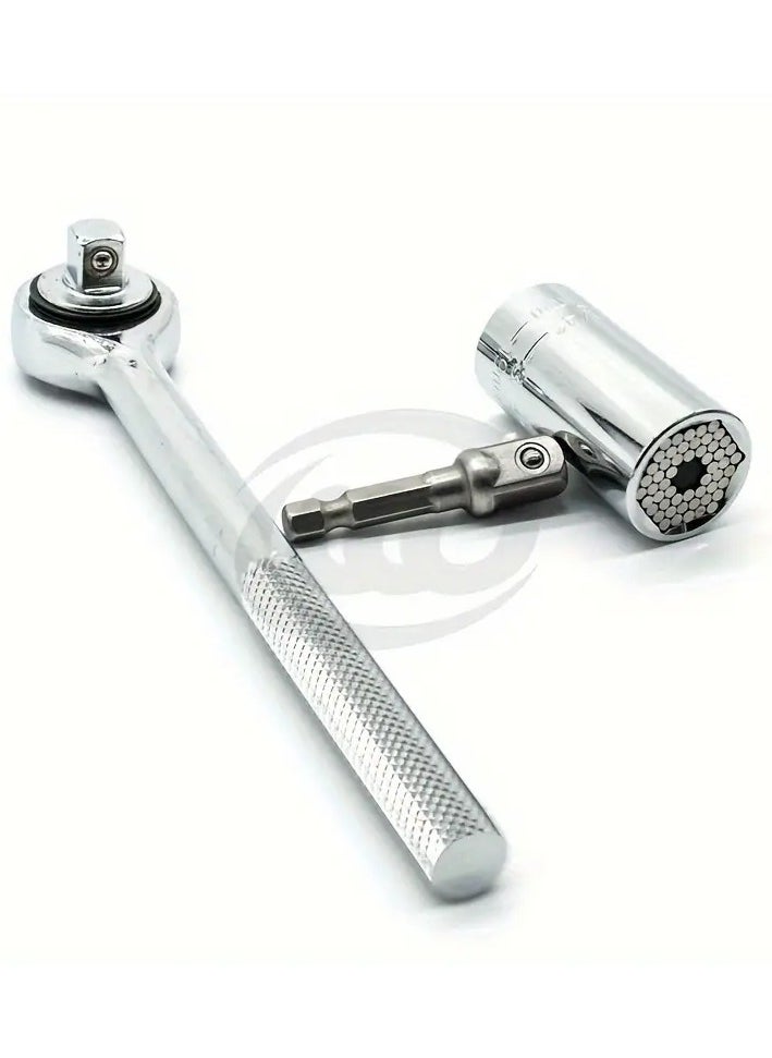 2-piece Set Universal Socket Wrench 7-19mm, Professional Multifunctional Hand Tool, Chrome Steel Construction, Manual Operation With Ratchet Wrench And Drill Adapter, Interchangeable Iron Socket, Assembly Required, Service Tool