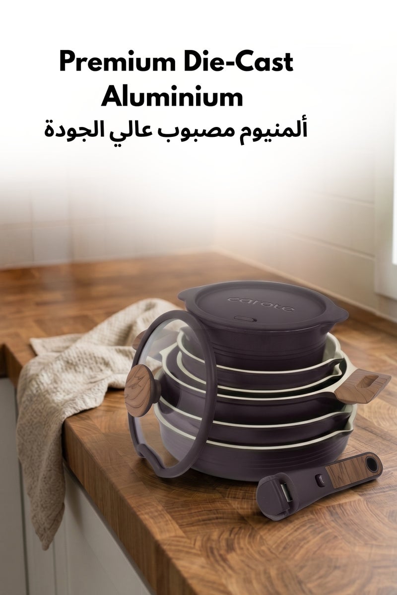 كاروت طقم أواني كاروت 24 قطع سيراميك غير لاصق بمقابض قابلة للفصل، خالٍ من PFAS لطهي صحي، تصميم قابل للتكديس مع فتحات صب، متوافق مع جميع المواقد وآمن لغسالة الصحون (شوكولاتة) - Image 5