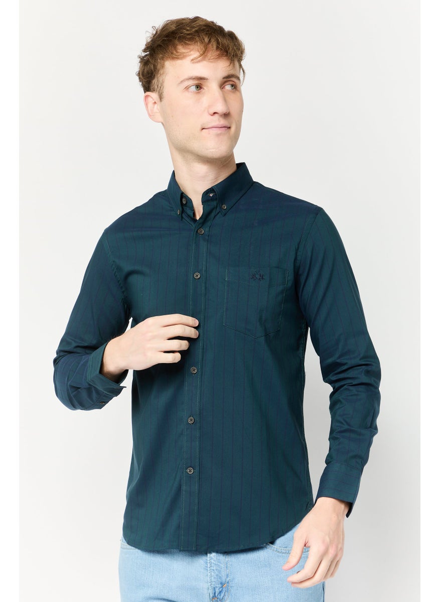La Martina Men Tailored Fit Stripe Long Sleeves Casual Shirt, Dark Teal Blue  - Image 1