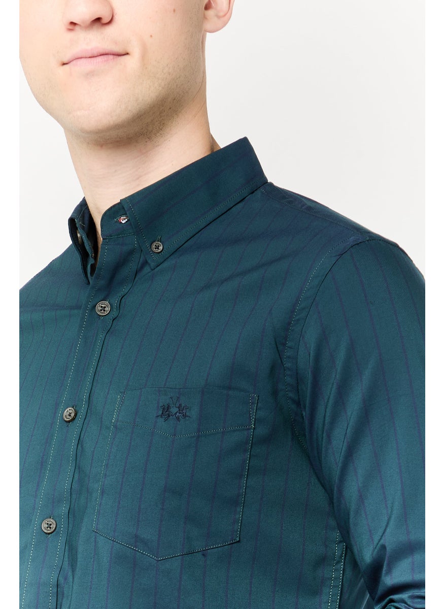 La Martina Men Tailored Fit Stripe Long Sleeves Casual Shirt, Dark Teal Blue  - Image 3