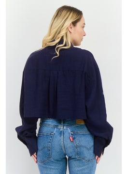 NIA Women Spread Collar Long Sleeve Plain Shirt, Navy Blue  - Image 3
