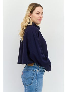 NIA Women Spread Collar Long Sleeve Plain Shirt, Navy Blue  - Image 2