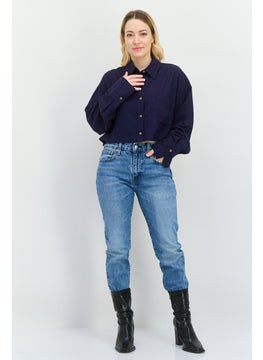 NIA Women Spread Collar Long Sleeve Plain Shirt, Navy Blue  - Image 4