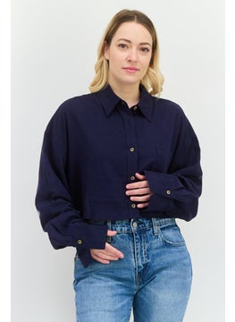 NIA Women Spread Collar Long Sleeve Plain Shirt, Navy Blue  - Image 1