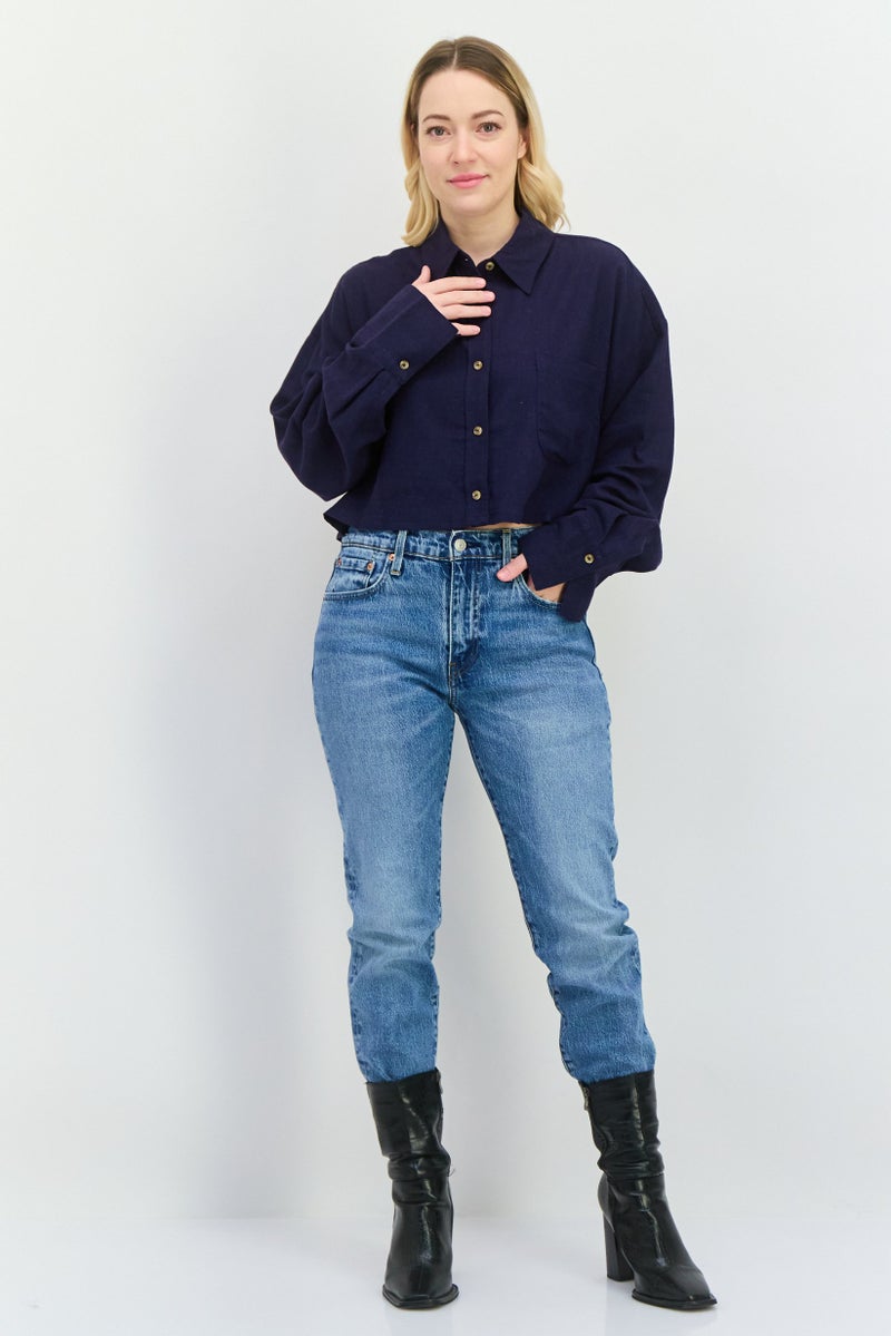 NIA قميص نسائي بأكمام طويلة وياقة منتشرة، أزرق داكن - Image 4