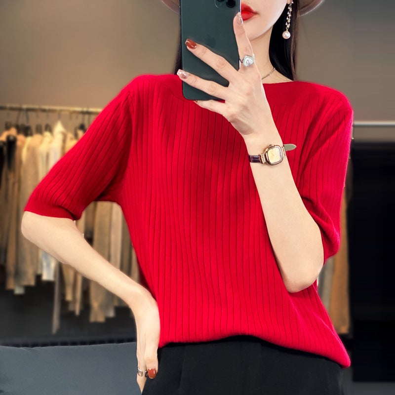 Summer new short-sleeved T-shirt with a collar five-point sleeve knitted knitted shirt for women - Image 5