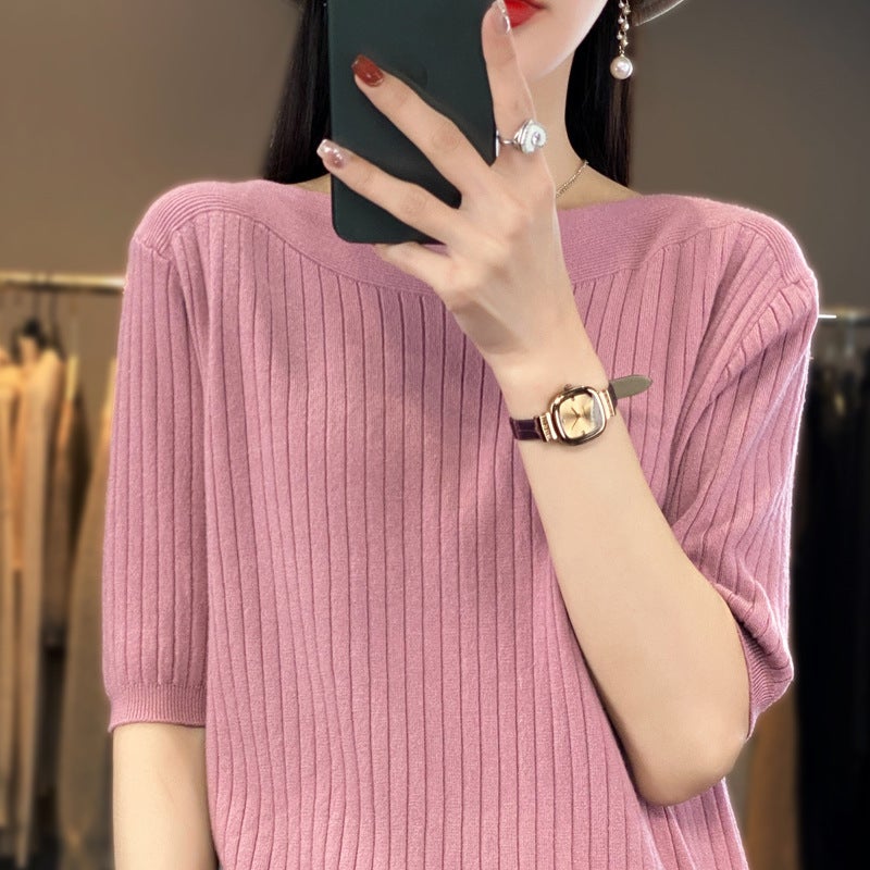 Summer new short-sleeved T-shirt with a collar five-point sleeve knitted knitted shirt for women - Image 4