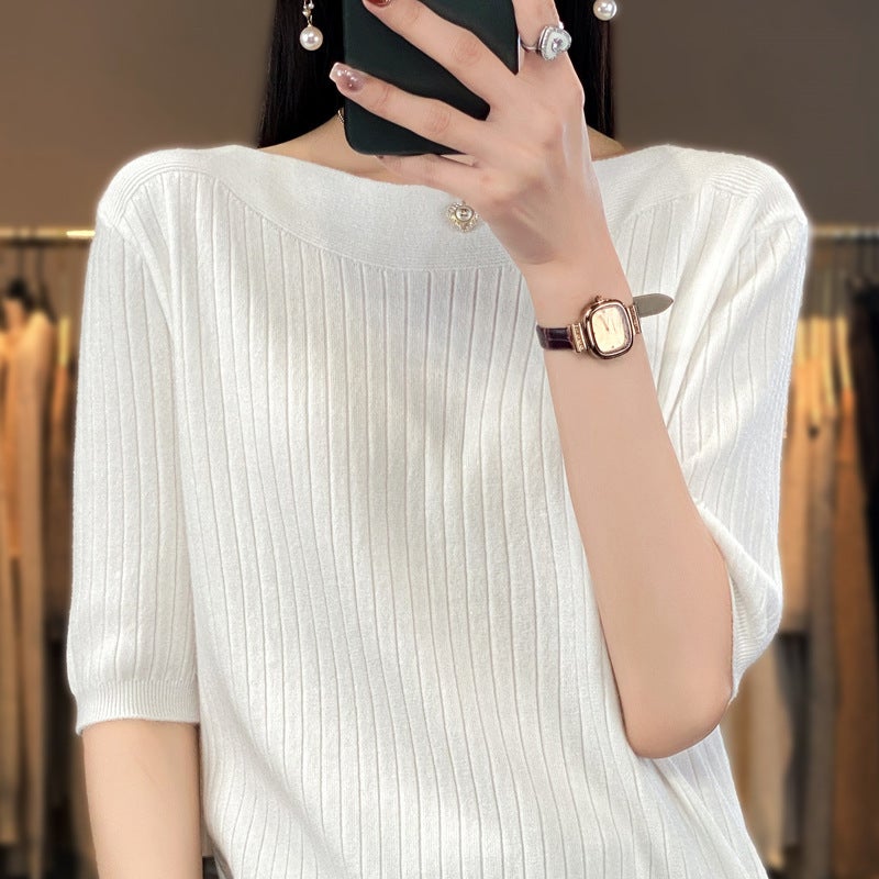 Summer new short-sleeved T-shirt with a collar five-point sleeve knitted knitted shirt for women - Image 3