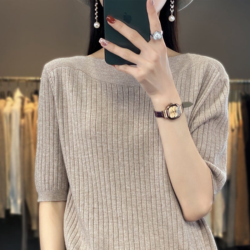 Summer new short-sleeved T-shirt with a collar five-point sleeve knitted knitted shirt for women - Image 1