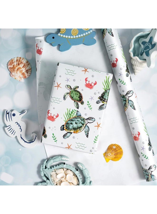 LeZakaa Ocean Wrapping Paper Roll - Green Sea Turtle with Seaweed, Crabs, Starfish, Underwater Design for Birthday, Baby Shower, Holiday Party for Boys Girls Kids - 17 inches x 16.4 Feet (23.2 sq.ft.) - Image 2