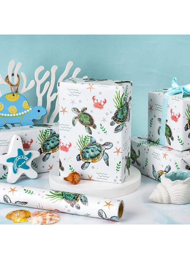 LeZakaa Ocean Wrapping Paper Roll - Green Sea Turtle with Seaweed, Crabs, Starfish, Underwater Design for Birthday, Baby Shower, Holiday Party for Boys Girls Kids - 17 inches x 16.4 Feet (23.2 sq.ft.) - Image 3