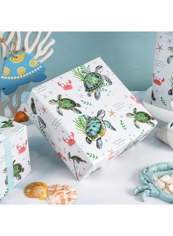 LeZakaa Ocean Wrapping Paper Roll - Green Sea Turtle with Seaweed, Crabs, Starfish, Underwater Design for Birthday, Baby Shower, Holiday Party for Boys Girls Kids - 17 inches x 16.4 Feet (23.2 sq.ft.) - Image 5