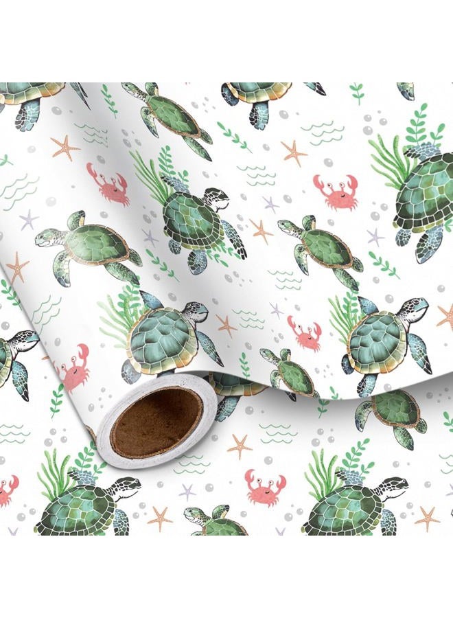 LeZakaa Ocean Wrapping Paper Roll - Green Sea Turtle with Seaweed, Crabs, Starfish, Underwater Design for Birthday, Baby Shower, Holiday Party for Boys Girls Kids - 17 inches x 16.4 Feet (23.2 sq.ft.) - Image 1