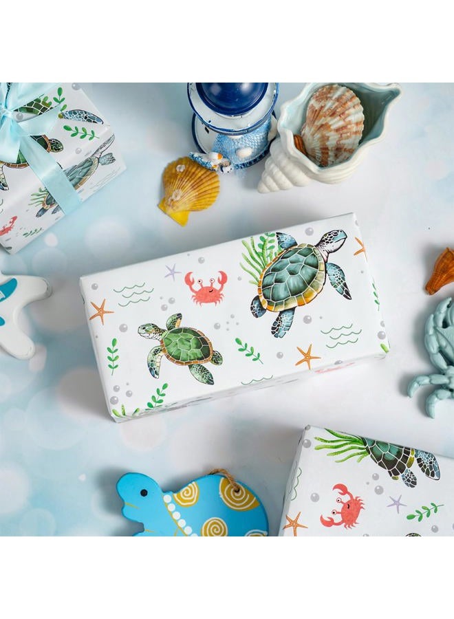 LeZakaa Ocean Wrapping Paper Roll - Green Sea Turtle with Seaweed, Crabs, Starfish, Underwater Design for Birthday, Baby Shower, Holiday Party for Boys Girls Kids - 17 inches x 16.4 Feet (23.2 sq.ft.) - Image 4