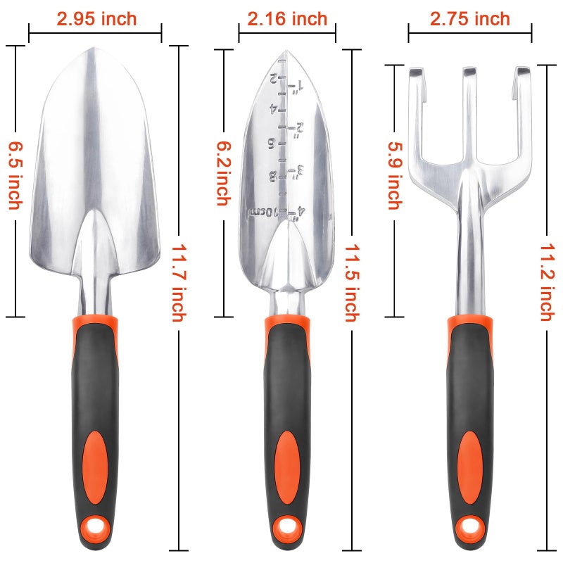 MECHEER Garden Tools Set, 3 Pack Heavy Duty Gardening Tools Set Include Garden Shovel, Transplant Trowel and Hand Rake with Ergonomic Handle, Aluminum Alloy Lawn for Planting, Orange - Image 2