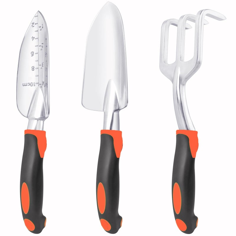 MECHEER Garden Tools Set, 3 Pack Heavy Duty Gardening Tools Set Include Garden Shovel, Transplant Trowel and Hand Rake with Ergonomic Handle, Aluminum Alloy Lawn for Planting, Orange - Image 1