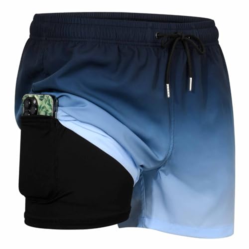 MADHERO Mens Swim Trunks with Compression Liner 2 in 1 Quick Dry Swimming Shorts Swimwear Dark Blue Sky Blue Size XL - Image 2