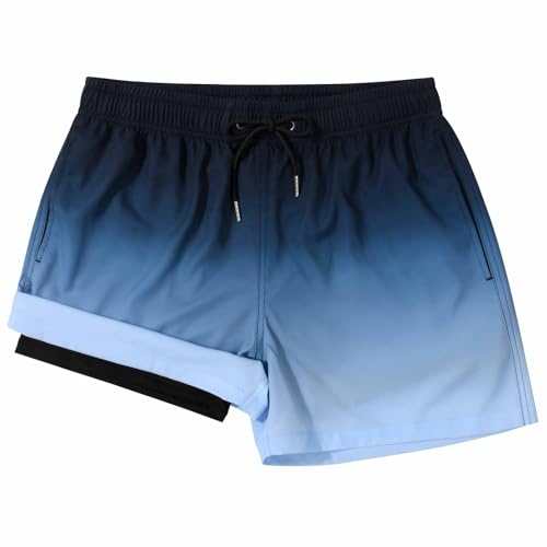 MADHERO Mens Swim Trunks with Compression Liner 2 in 1 Quick Dry Swimming Shorts Swimwear Dark Blue Sky Blue Size XL - Image 1