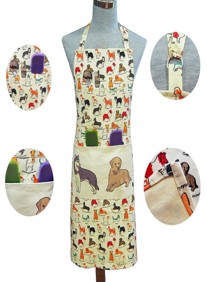 RED LMLDETA Adjustable Neck Strap Bib Apron 3 Pockets Extra Long Ties 100% Cotton Dog Printing Kitchen Men Women Chef Waiters Cooking Baking Barbecue BBQ Crafting Garden Christmas Gift (Dog flower) - Image 3