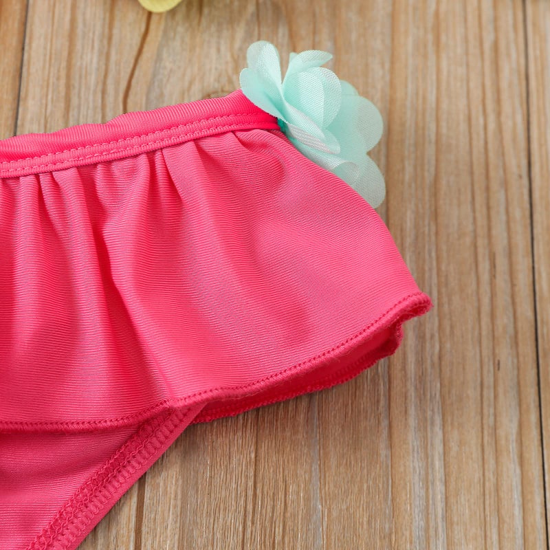 Yccutest Infant Baby Girl Flower Swimsuit 3Pcs Halter Triangle Tops Ruffle Bottoms Sun Hat Bikini Set Bathing Suit Swimwear (Pink,6-12 Months) - Image 3