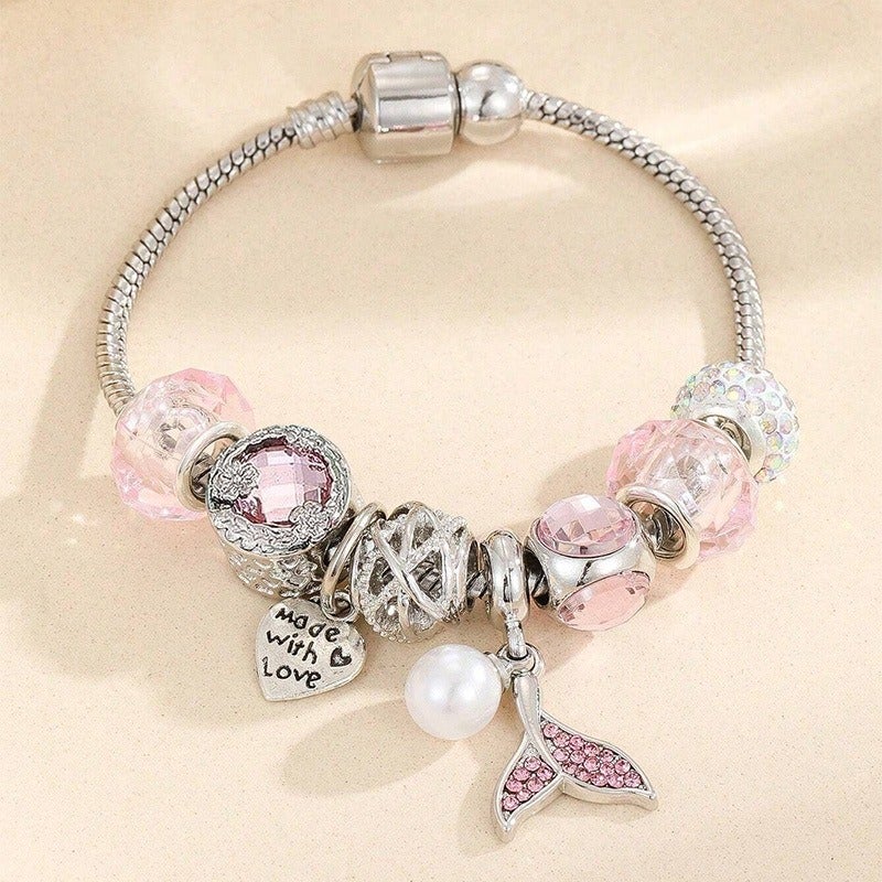 DIY Charm Bracelet Making Kit with Mermaid Tail Pendant, Diamond Ball, Heart, Pearl Charms, Copper Chain