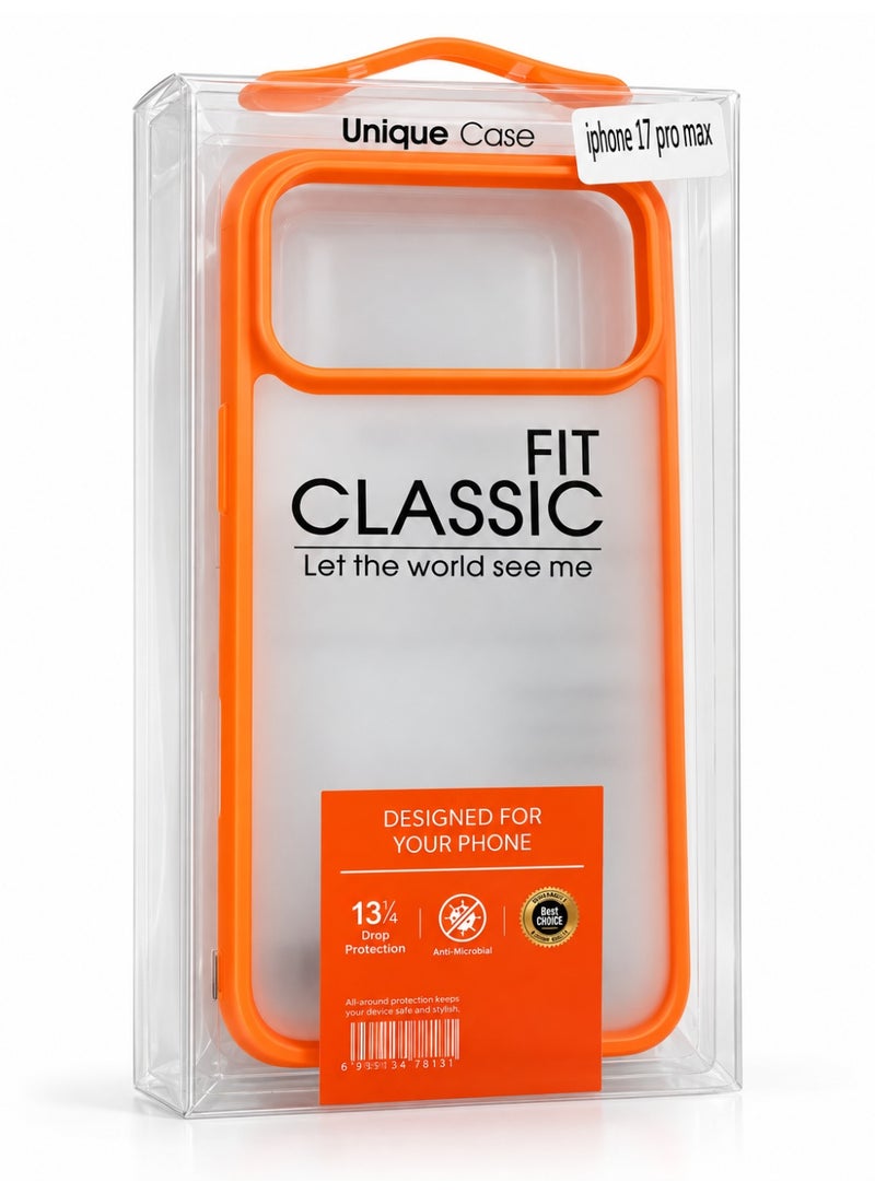 Unique Case Fit Classic Anti-Microbial Crystal Clear Case with 13ft Drop Protection & Orange TPU Bumper for iPhone 17 Pro Max, Clear with Orange Frame - 1 Pack - Image 2